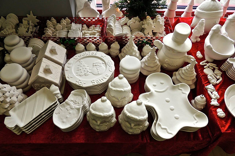 Holiday pottery waiting to be painted at Painterly Pottery