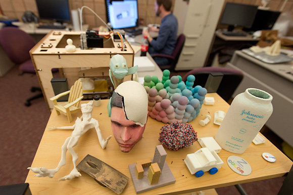 Projects from the 3D Printers at the U of M 3D Lab await pickup