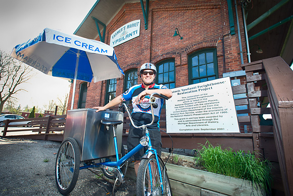 Rob Hess and his ice cream bike in Depot Town