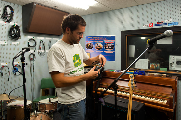Jason Voss setting up for the Local Music Show on WCBN