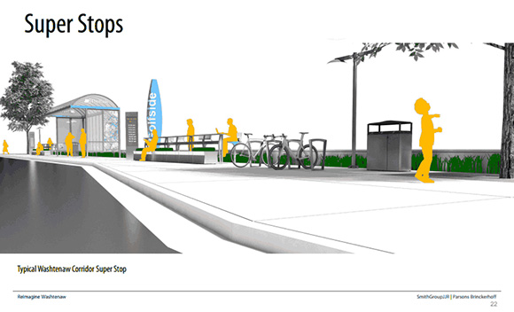 One of the ReImagine Washtenaw's concepts for improved transit super stops on Washtenaw Avenue