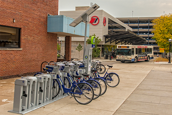 ArborBike bike share station at the downtown Ann Arbor Library