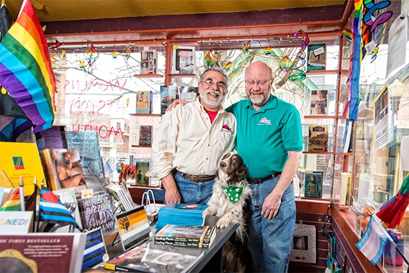 L to R Martin Contreras and Keith Orr with their dog Duke at Common Languarge Bookstore 