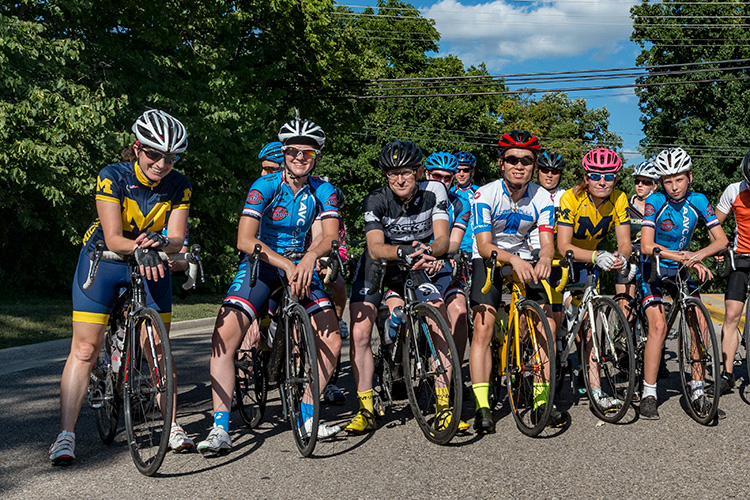 Cyclists head out for Huron River Drive from Forsythe Middle School in Ann Arbor