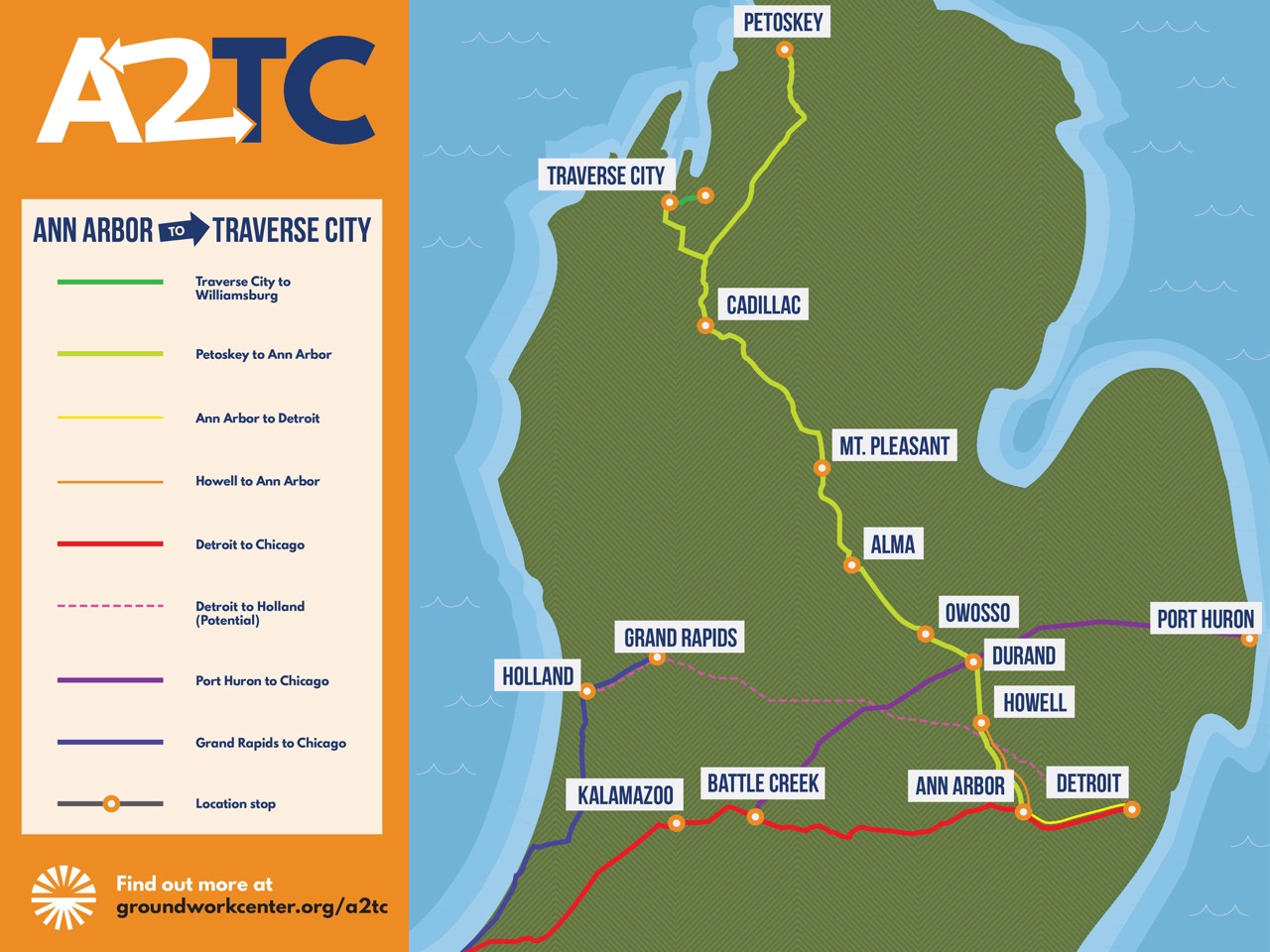 A map of the proposed Ann Arbor-Traverse City rail line.