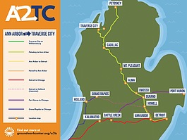 A map of the proposed Ann Arbor-Traverse City rail line.