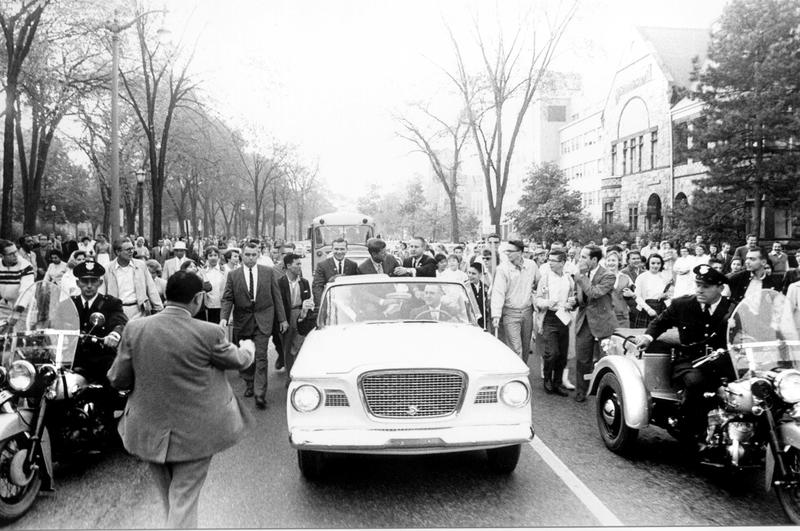 John F. Kennedy in a car on State Street in 1960.