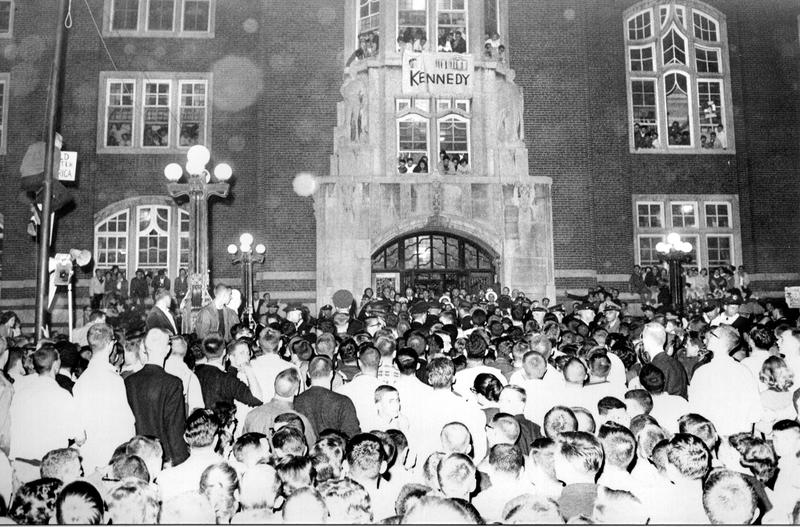 Students await John F. Kennedy's arrival at the Michigan Union in 1960.
