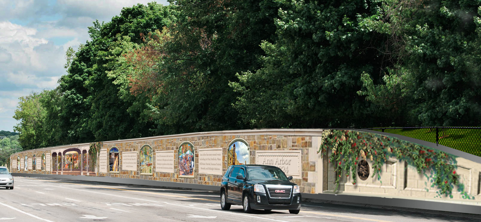 Concept art for Katherine Larson's proposed "Ann Arbor Story Mural Walls" installation along Stadium Boulevard.