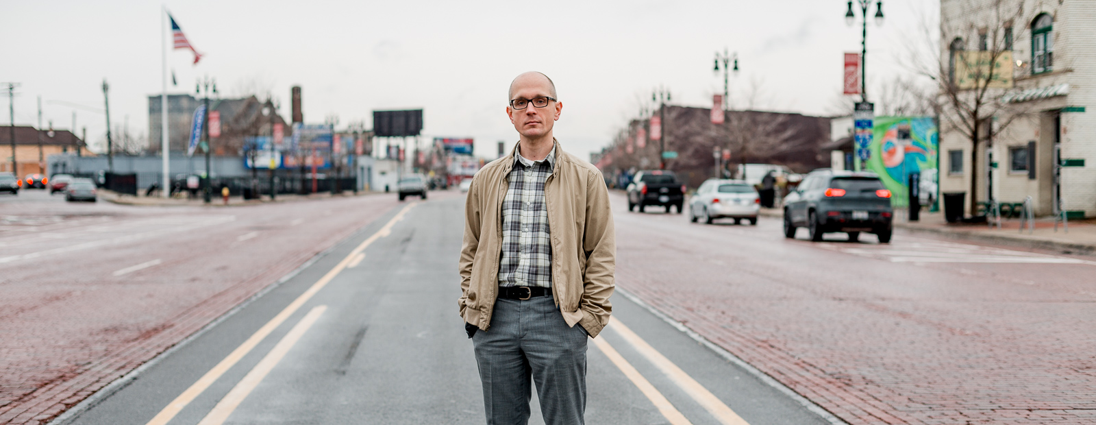 Historian Paul Szewczyk, who runs the blog Detroit Urbanism, in the middle of Michigan Avenue.