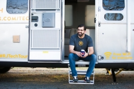 North American Tech Tour founder Paul Singh on the steps of his Airstream trailer.