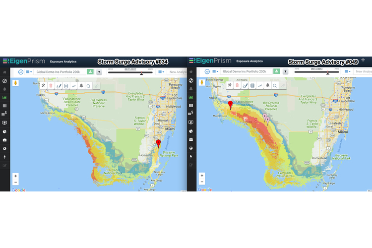 EigenPrism software displays a comparison of the first and last Hurricane Irma storm surge advisories for Florida.