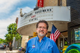 Jim Latham outside of Latham's Hardware in downtown Milan