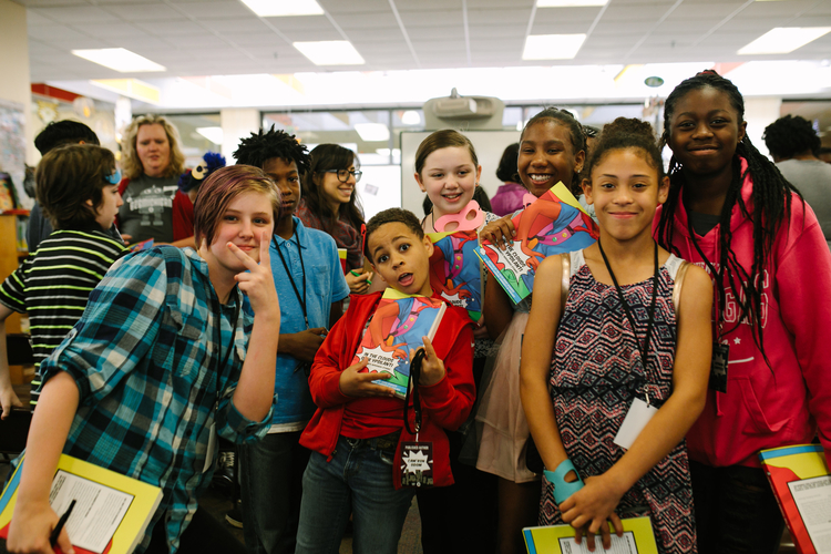 Student writers Viktor Buhnerkemper, Anthony Ponder, Cam'ron Odom, Hailey Jackson, Unique Barne, Lilo Gatzke, and Keymani Barfield at the book release event.