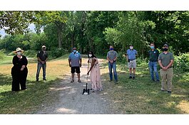 The June 22 groundbreaking ceremony for the B2B Trail in Frog Island Park.