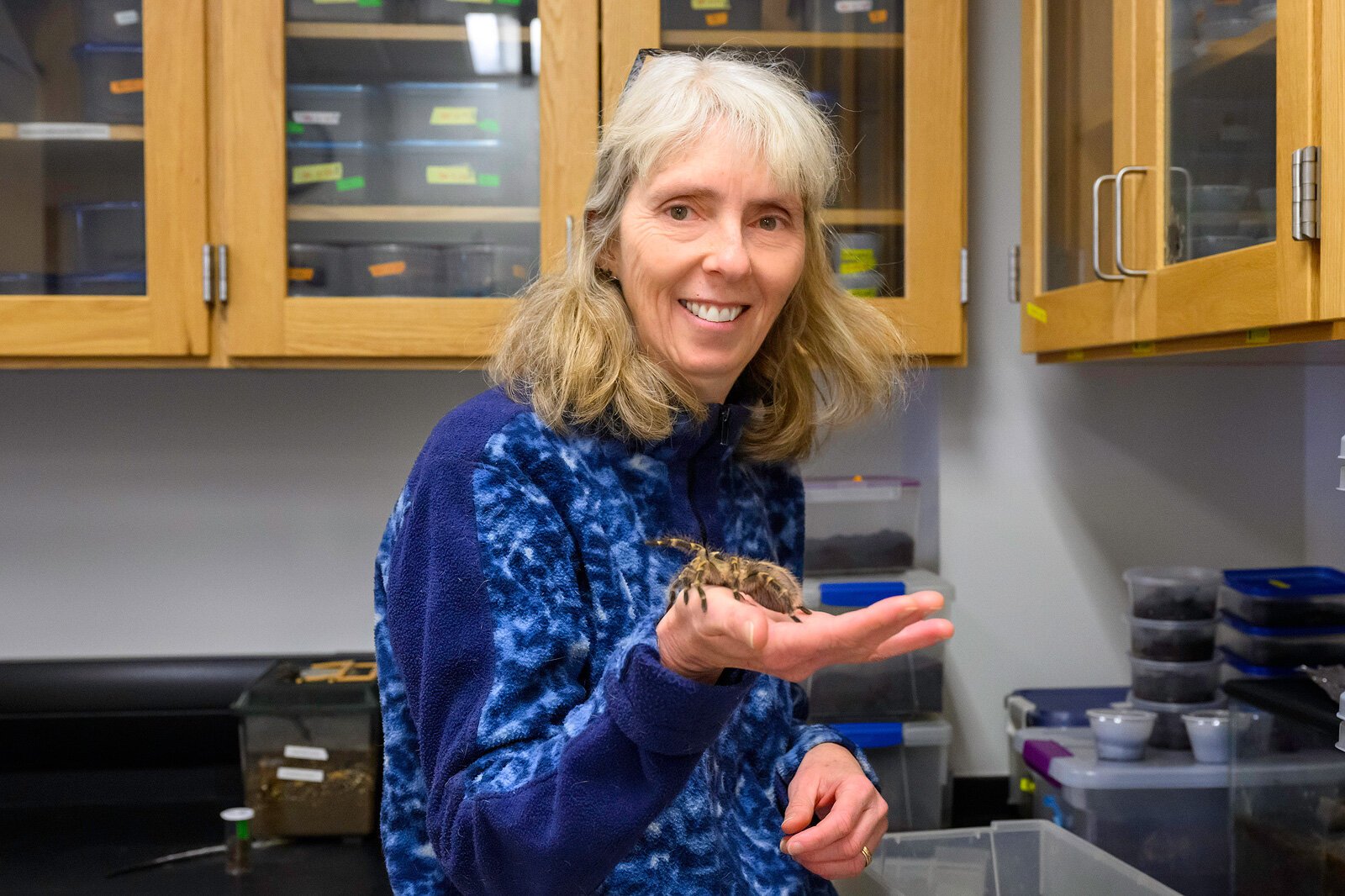EMU Professor of Biology Cara Shillington with a tarantula.
