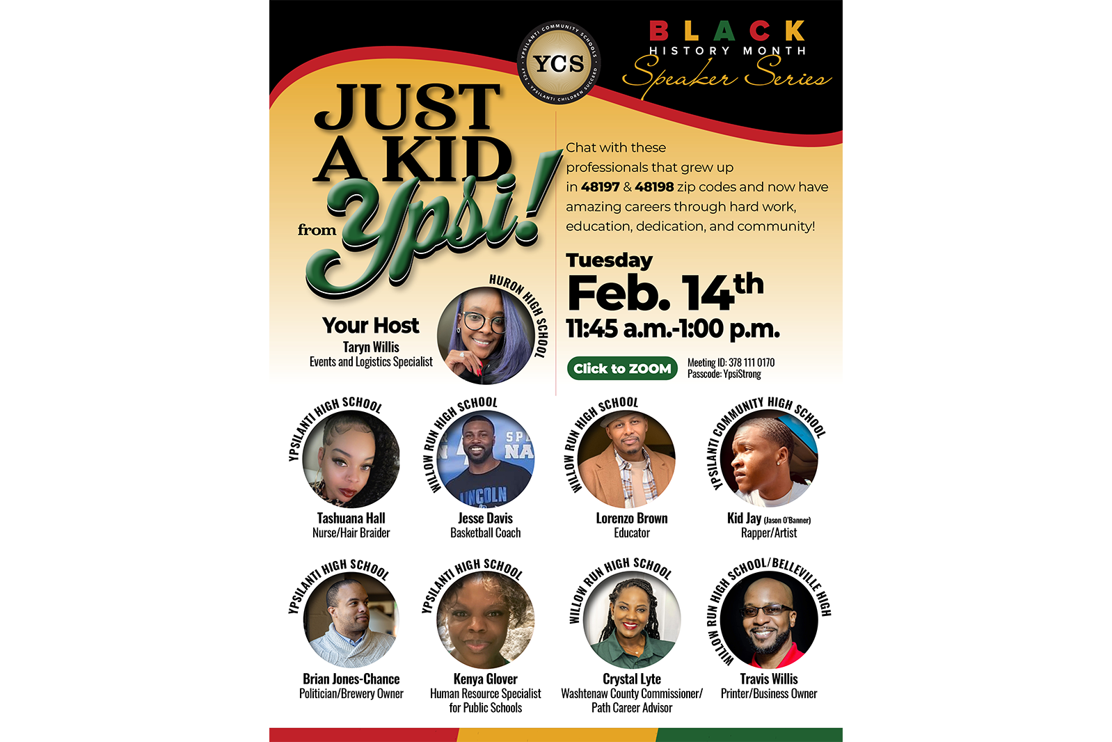 A flyer for the "Just a Kid From Ypsi" panel discussion, which is part of Ypsilanti Community Schools' Black History Month Series.