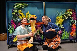 Casseia Fifelski as Scales and Olivia Allen as Ronnie in "Ronnie and Scales' Magnificent Tale." Set and puppet by Mia Irwin, costumes by Shea Dennie.