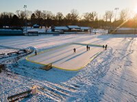 The seasonal ice-skating rink is located on N. Main Street in Mt. Pleasant's Island Park at the Kaye Bouck Youth Softball Field just north of the tennis courts.
