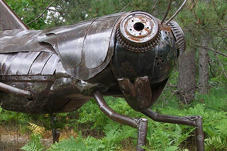 A metal sculpture of a grasshopper honors St. Urho in Kaleva, Michigan. 