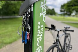 A DIY bike repair station along the Rouge River Gateway Trail in Dearborn.
