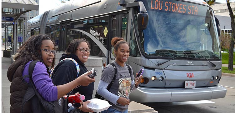 CSU, Students from Cleveland State University often ride the HealthLine to class. HealthLine vehicle turns on Public Square. Courtesy Greater Cleveland RTA.