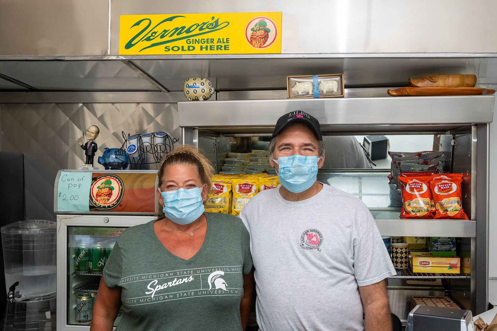 Kim Ruffino, Harry Lile at Lile's Sandwich shop in Dearborn. Photo by Doug Coombe.