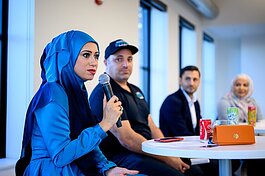 Amanda Saab, Zee Shami, Sam Haider, and Sam Abbas discuss the future of Dearborn Resturants, and food within the community at a Dearborn City Open (image taken before the COVID-19 pandemic).