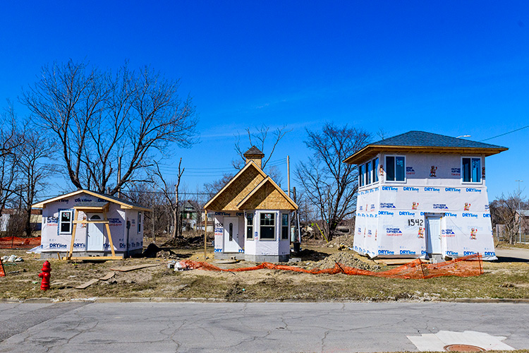Tiny homes under construction in Detroit. Photo by Doug Coombe.