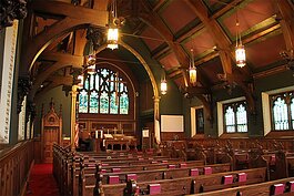 The intricately decorated interior of the First Congregational Church in Wyandotte is a significant example of the artistic craftsmanship of the turn of the twentieth century.