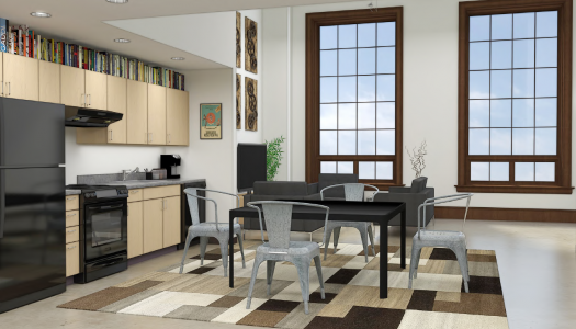 A rendering of an apartment inside City Hall Artspace Lofts