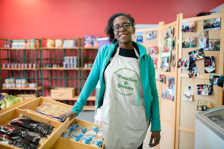 Uclesha Ray, the manager of Peaches & Greens, a grocery store and mobile market in Detroit’s North End.
