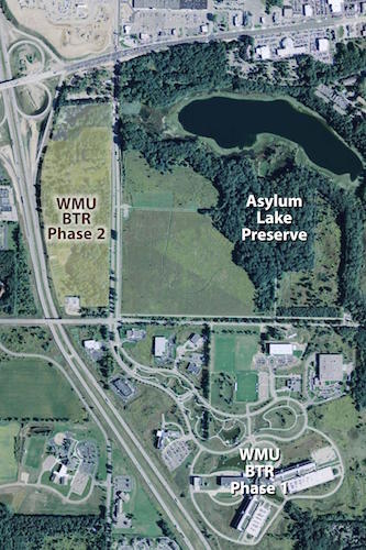 An aeriel view of the second BTR park in relation to nearby development and Asylum Lake Preserve