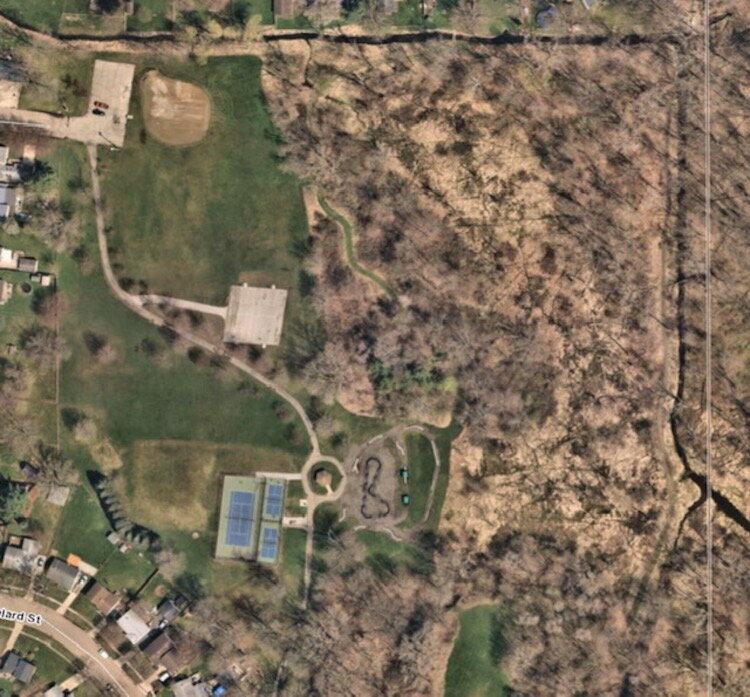 An aerial view of Lexington Green Park.