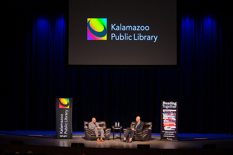 Tim Terrentine and Kareem Abdul-Jabbar at the Reading Together community discussion