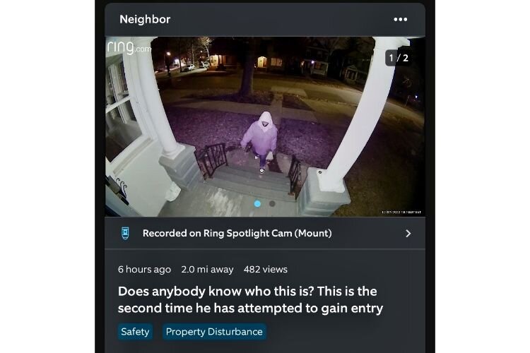 Shown here is an image from a doorbell camera that shows a stranger approaching an area resident's house. The security system allowed the resident to ask others about the unwanted visitor.