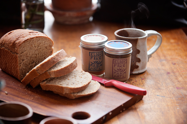 Elder Fire Farms homemade jams with some of Heather Colburn’s fresh warmed bread.