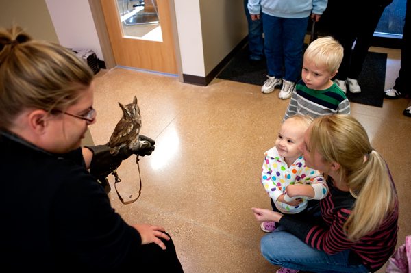 Jenny Metz, left, shows a screech owl to Nature’s Way Preschoolers Haley, 1, and Austin 4, along with their mother Tessa. 