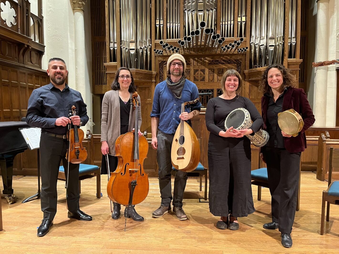 Kalamazoo’s Bahar Ensemble features cofounder Ahmed Tofiq, violin, Liz Youker, cello, Beau Bothwell, oud, and Dede Alder and Carolyn Koebel, percussion. 