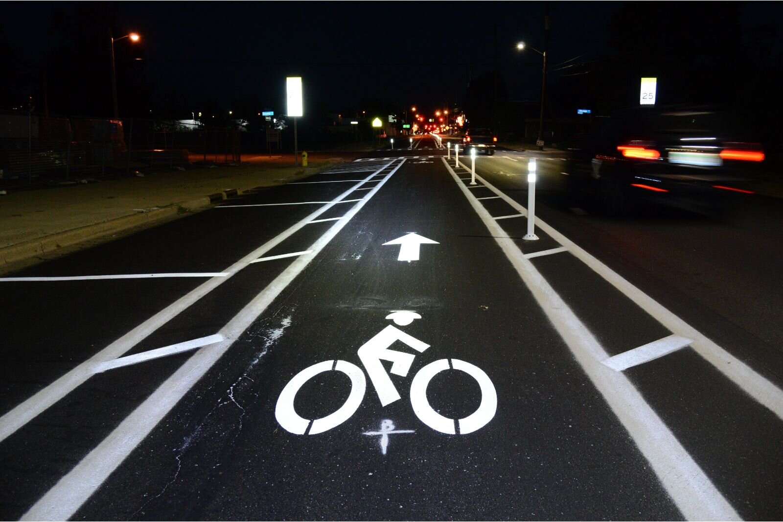 New posts, reflective at night, help keep traffic from swerving into the bike and parking lanes.