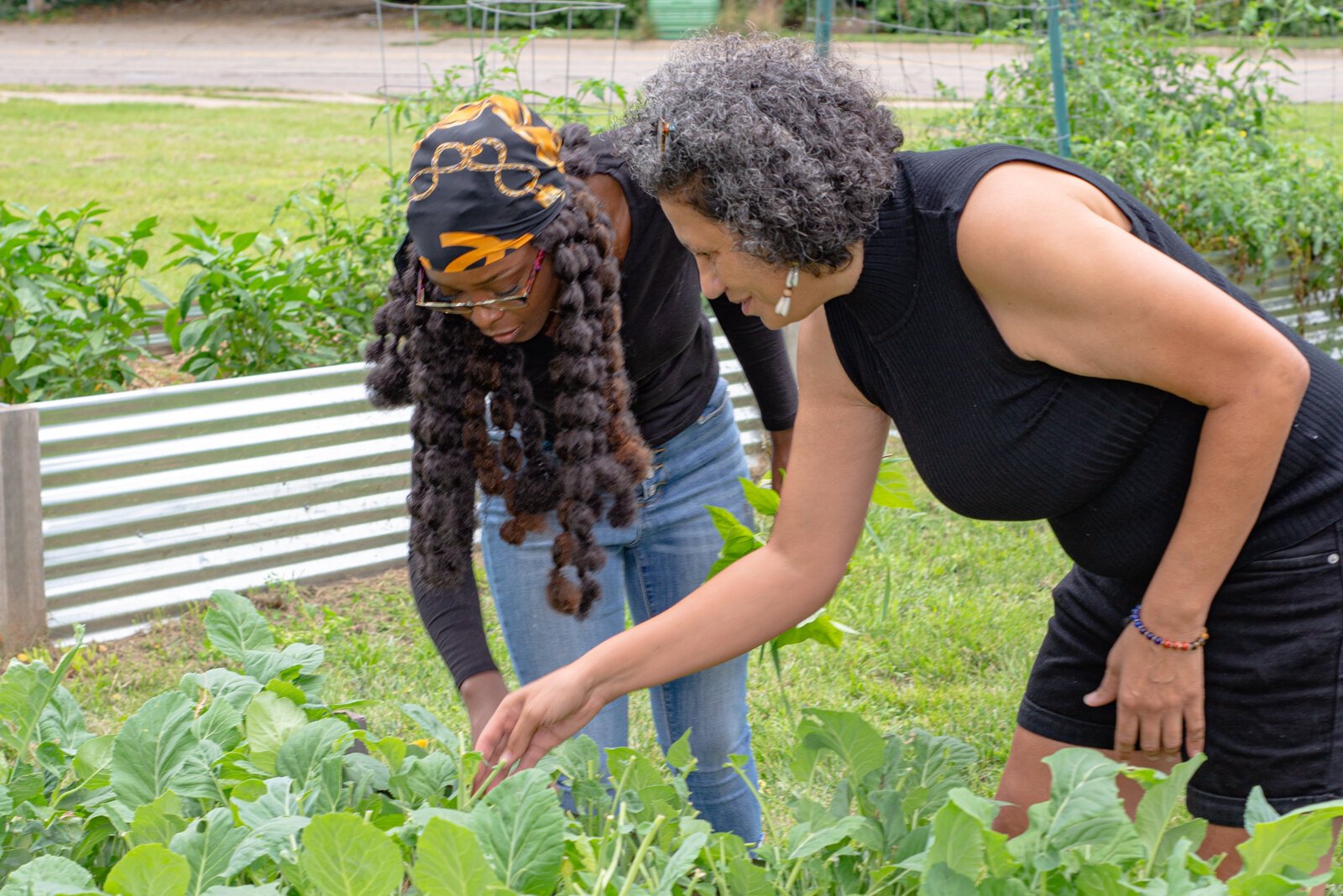Dr. Michelle Johnson and Mary Crosby, lead gardener, work together in the community garden.