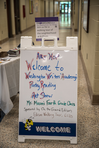 A welcome sign at Washington Writers' Academy.