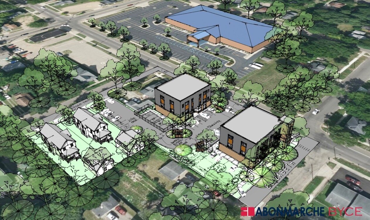 This artist's rendering shows the two proposed apartment buildings (in gray) on the opposite side of North Westnedge Avenue from Galilee Baptist Church (blue roof). At left are proposed single-family units.