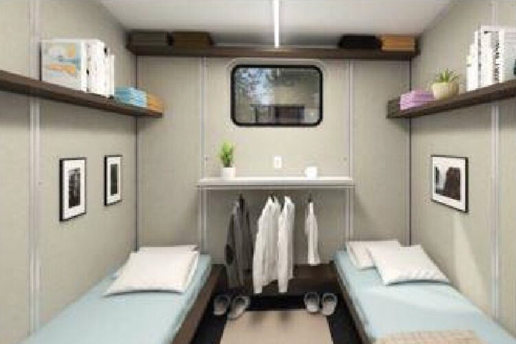 The weather resistant, modular fire resistant, modular housing pods coming to Kalamazoo include some like this 16’ x 8’ x 8’ unit for two people.