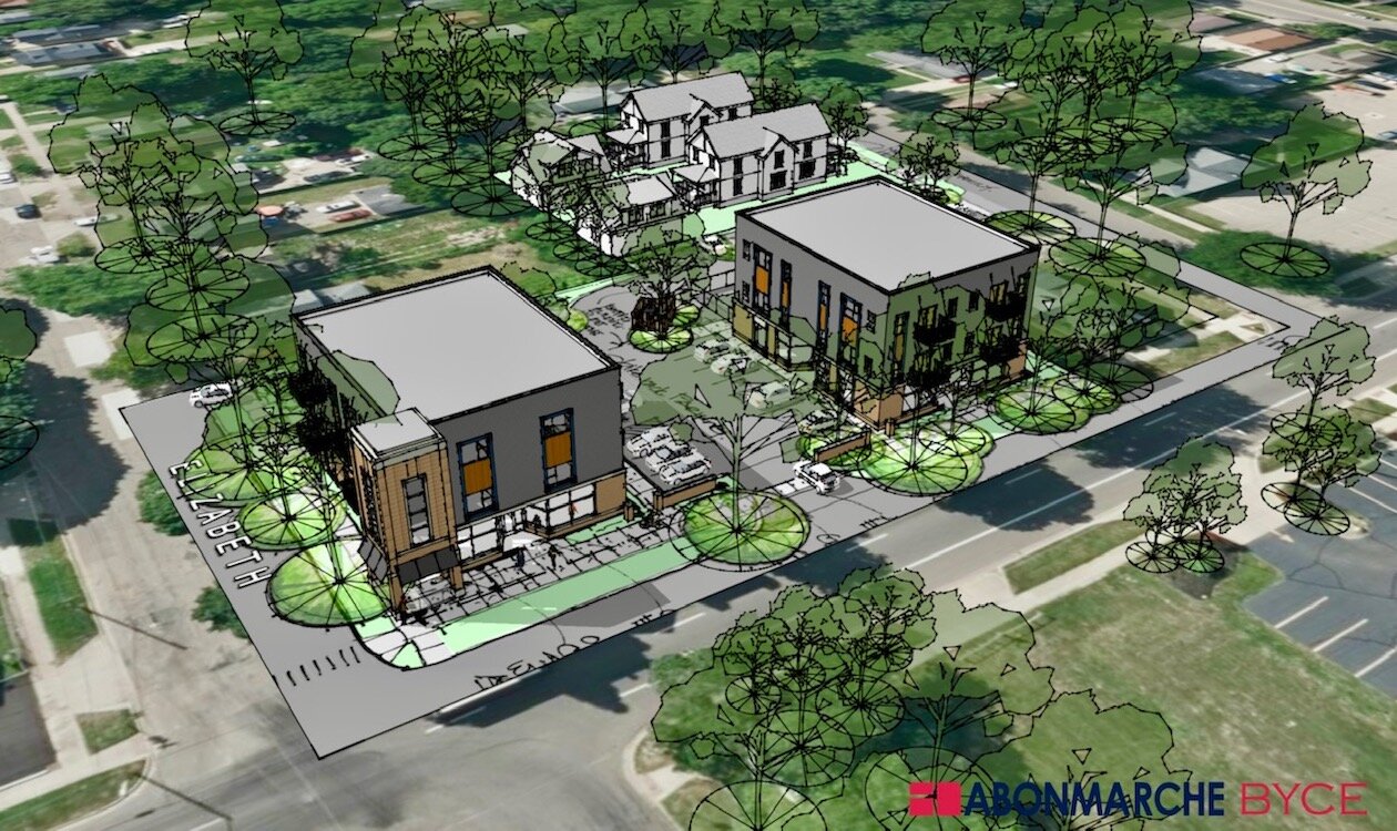 This artist's rendering shows Galilee Baptist Church’s two proposed apartment buildings (with ground-floor commercial space) looking north from the intersection of Westnedge Avenue and Elizabeth Street.
