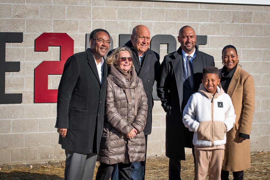 At the Nov. 14, 2023 dedication of the new baseball/softball fields at Kalamazoo Central are, from left: Dr. Charles and Dorothy Jeter, Cal Ripken Jr., Derek Jeter, Sharlee Jeter, and Sharlee’s son Jalen.