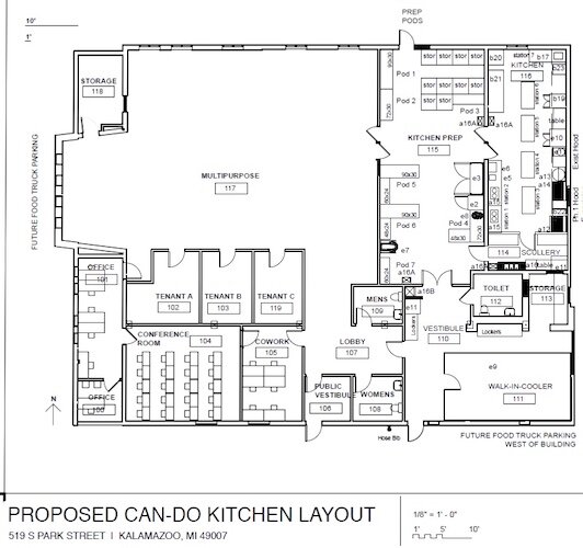The Can-Do Kitchen will become Can-Do Kalamazoo as it relocates this year from 2,200 square feet of space on Lake Street to about 10,000 square feet of space on South Park Street. The layout of the larger space is shown here.