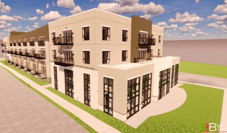  An artist’s rendering of The Creamery, the mixed-use development planned for Lake and Portage streets in Kalamazoo’s Edison Neighborhood, shows it as a wood-frame structure with facades that will be a mix of masonry and metal.