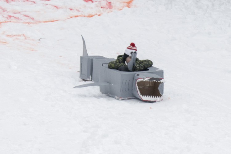 Sliding downhill in a shark at the 2019 Festivus organized by BCMAMS.