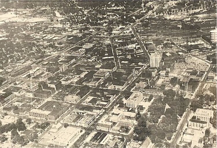From the Notre Dame study: Downtown Kalamazoo circa 1959, before two-way streets were converted to one way. Photo shows the density of the city.